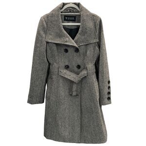 Guess Trench Coat Houndstooth Belt Double Breasted Black Button Casuals Winter L
